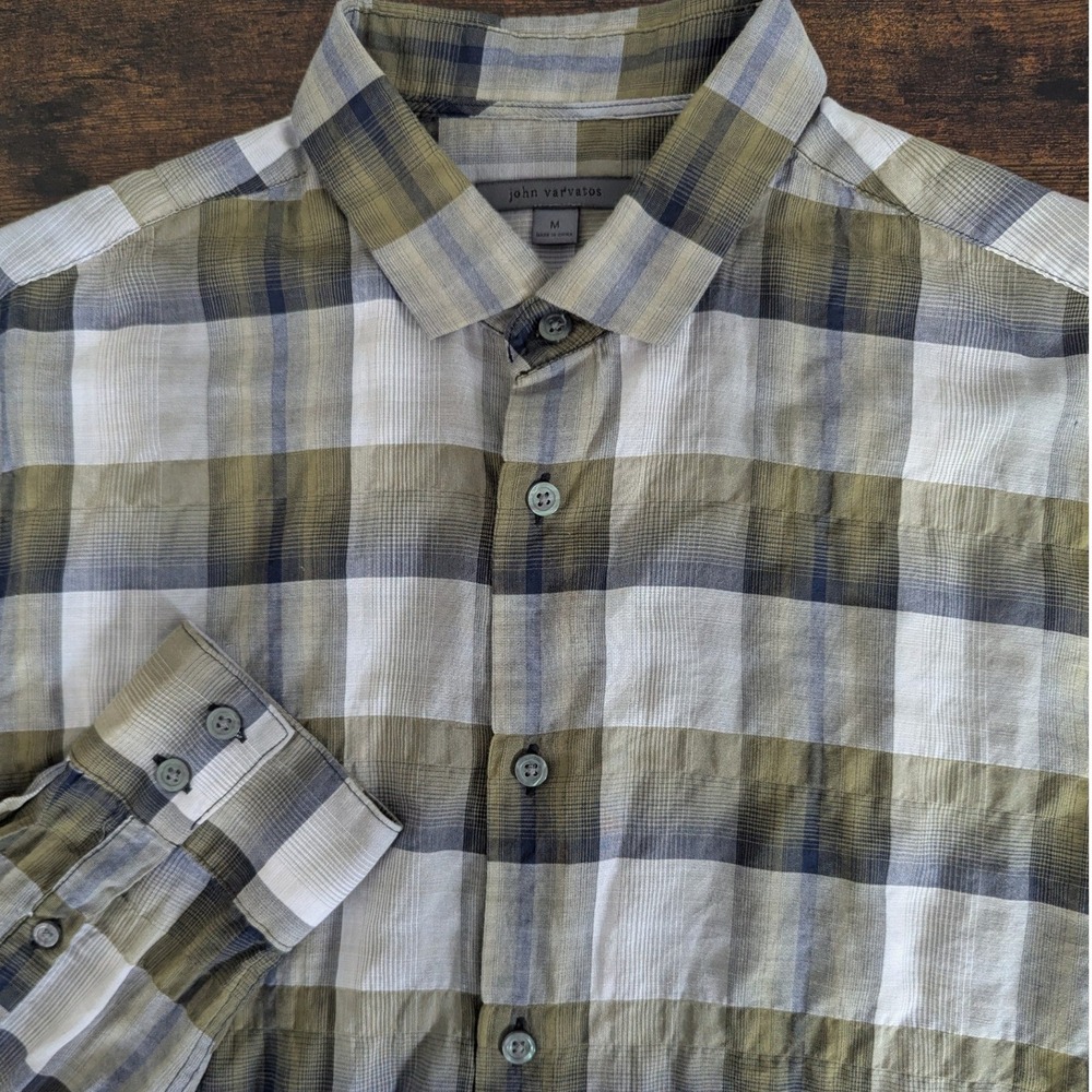John Varvatos Button Up Shirt Green Grey Plaid Long Sleeve Md Utility Designer